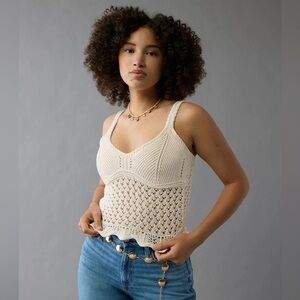 American Eagle V-Neck Pointelle Scalloped Crochet Tank in Cream NWT